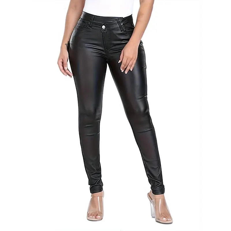 Pantalones ajustados de cuero PU elásticos para todas las estaciones