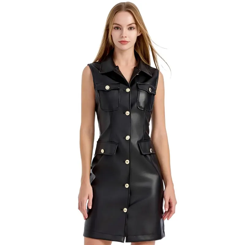 Vestido midi de cuero PU con botones