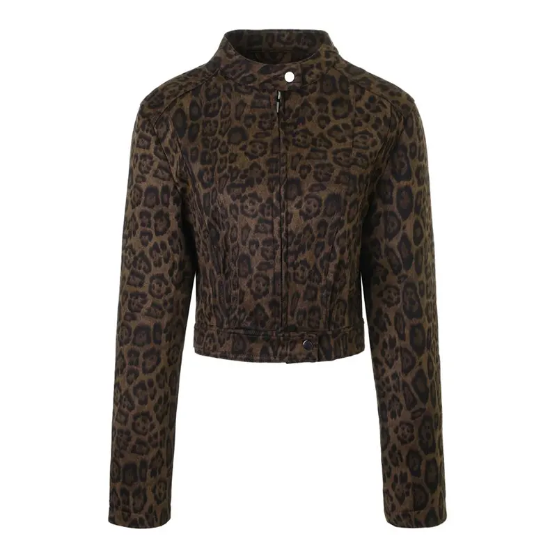 Chaqueta corta de ante con estampado de leopardo y cuello redondo