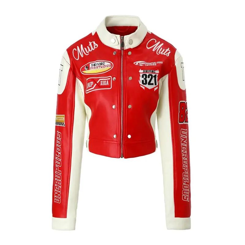 Chaqueta de carreras con bloques de color rojo y negro bordada