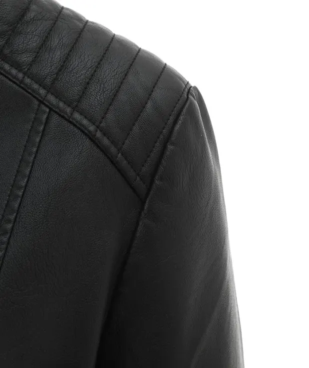 Quilted Shoulder Faux Leather Jacket with Stand Collar
