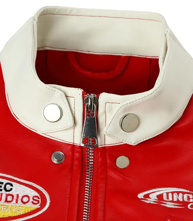 Embroidered Red and Black Color Block Racing Jacket