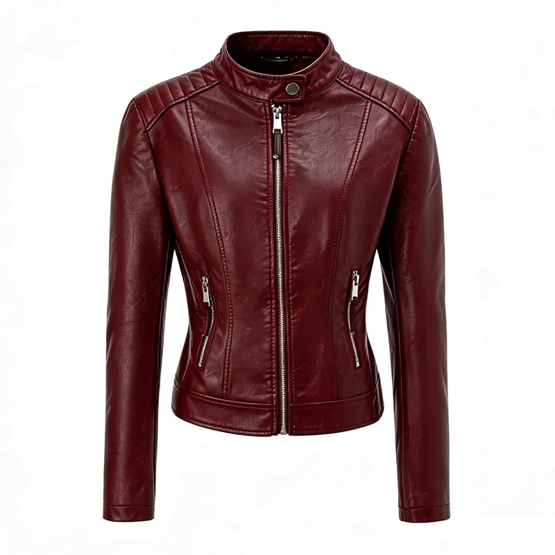 Chaqueta de piel sintética con hombros acolchados y cuello alto