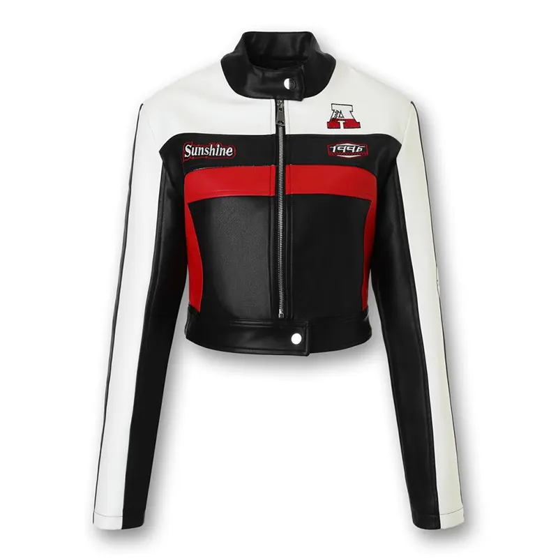 Chaqueta motera de cuero sintético en contraste de color rojo