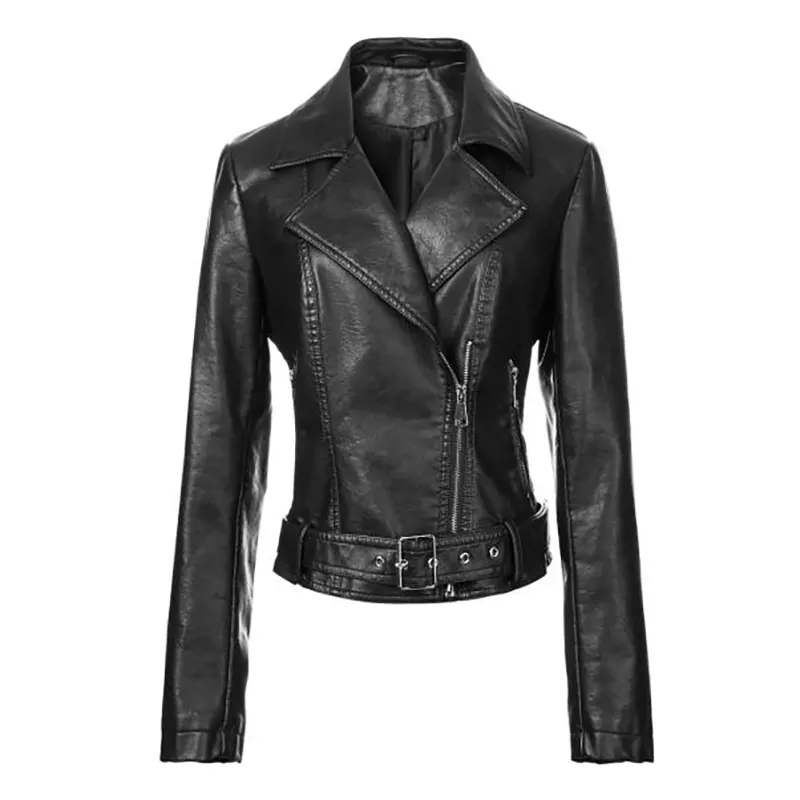 Chaqueta motera vintage de piel sintética con cinturón